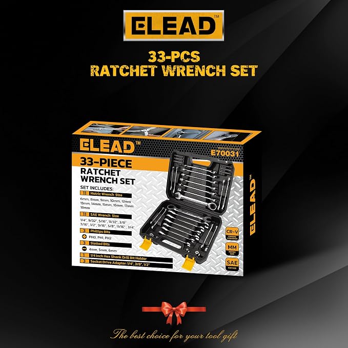 ELEAD 33-Piece Combination Ratchet Wrench Set | SAE & Metric Sizes (1/4" to 3/4" & 6-18mm) | 72-Tooth Gear Design | CR-V Steel | Organizer Carry Case | Ideal for Mechanics & DIY