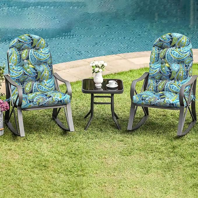 LVTXIII 2 Pack Outdoor Adirondack Chair Cushions, 44x19x4 Inch Water Repellent Patio Cushions for Rocking Chairs, Thick Tufted High Back Seat Cushion Set, Paisley Lapis Green