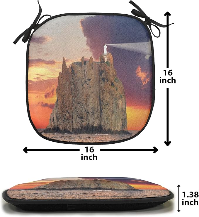 Lunarable Lighthouse Chair Cushion Pads Set of 8, Stromboli Lighthouse Italy Mediterranean Colorful Cloudy Sky Cloudscape, Anti-Slip Seat Padding for Kitchen & Patio, 16"x16", Brown Orange Blue
