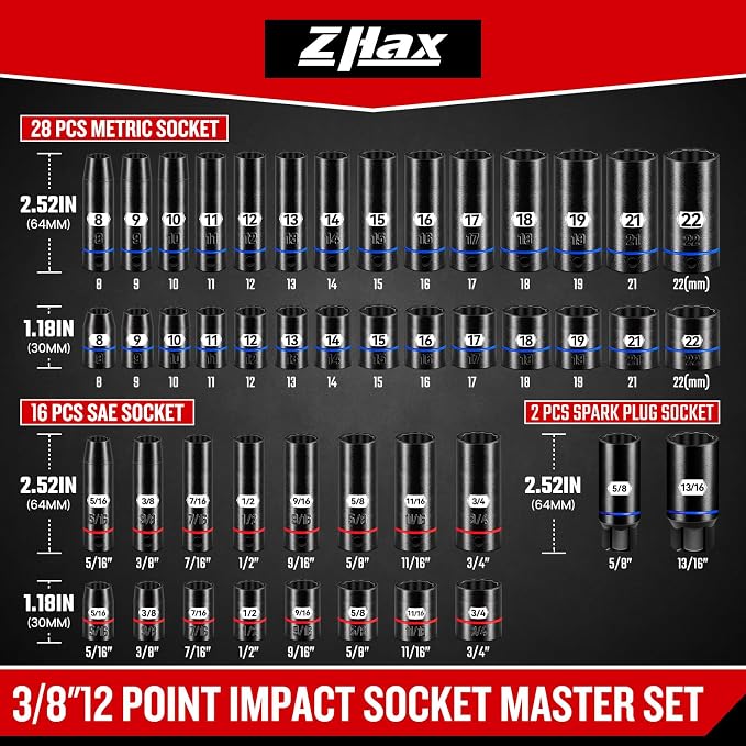 ZHAX 3/8 Inch Drive 12 Point Impact Socket Set, 74 PCS Standard SAE(5/16"- 3/4") & Metric(8-22mm) With Color Ring, Deep & Shallow, 72T Wrench Ratchet Tool Kit,Cr-V With Heavy Duty Storage Case