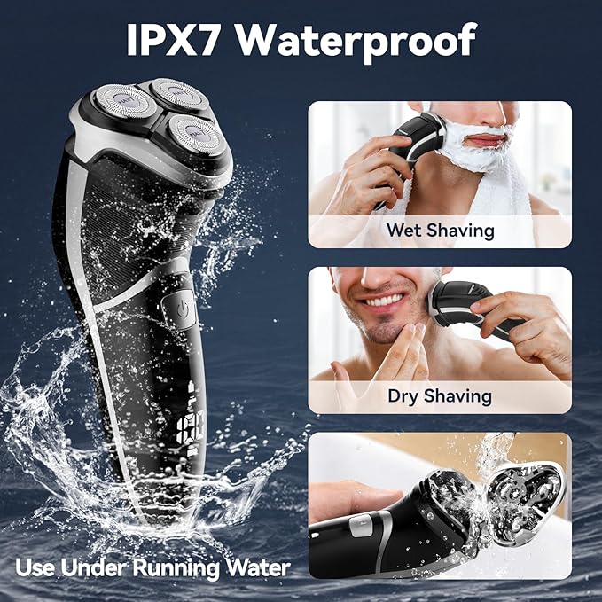 MAX-T Men's Electric Shaver - Corded and Cordless Rechargeable 3D Rotary Shaver Razor for Men with Pop-up Sideburn Trimmer Wet and Dry Painless 100-240V Black (Metal Black)