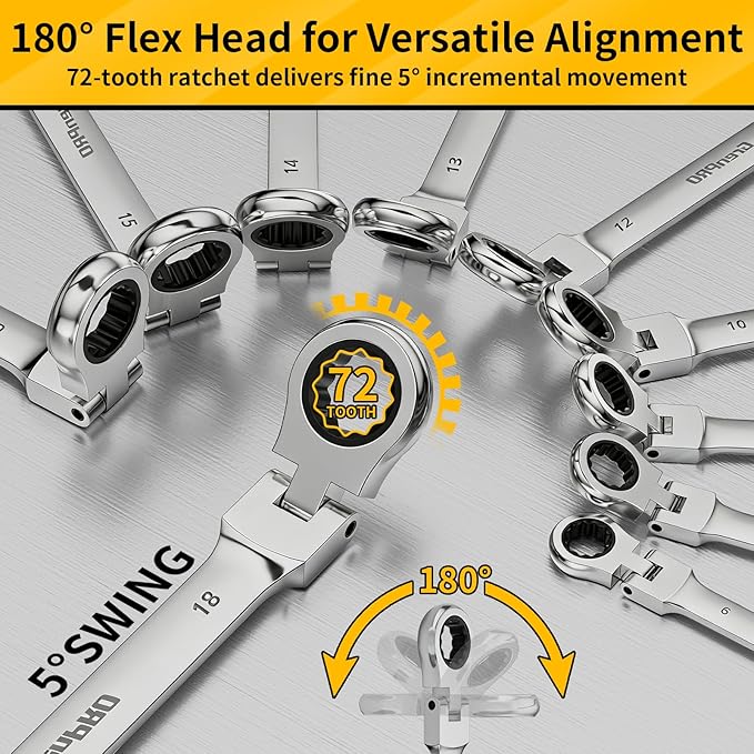 GRENPRO 23PC Flex Head Ratcheting Wrench Set Metric&SAE Combination OpenEnd | 1/4"-3/4"&6-18MM Bolt Gauge, CR-V Steel 72-Tooth 180-Degree Flex-Head 12Pt, Color Rings, Storage Box For Auto & Home Repair