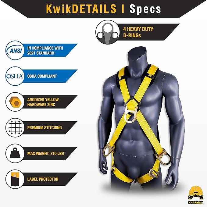 KwikSafety - Charlotte, NC - MONSOON Safety Harness [4 HEAVY DUTY D-RINGS] ANSI OSHA Safety Harness Fall Protection Kit