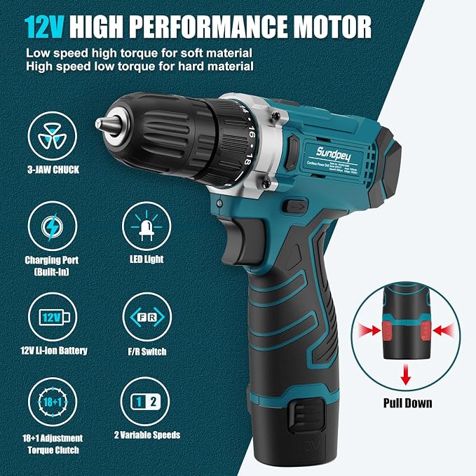 Sundpey 206PC Portable Basic Home Tool Kit Set with 12V Cordless Drill Blue