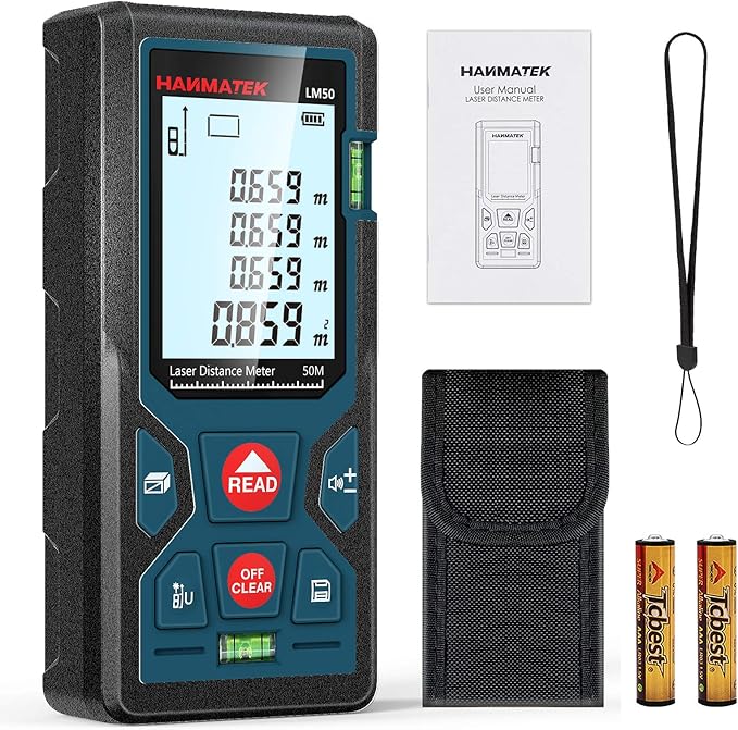 165ft/50m Laser Measure Ft/in/M Switching LM50 Laser Measurement Tool Devices with 2 Bubble Levels Distance Meter,Large Backlit LCD