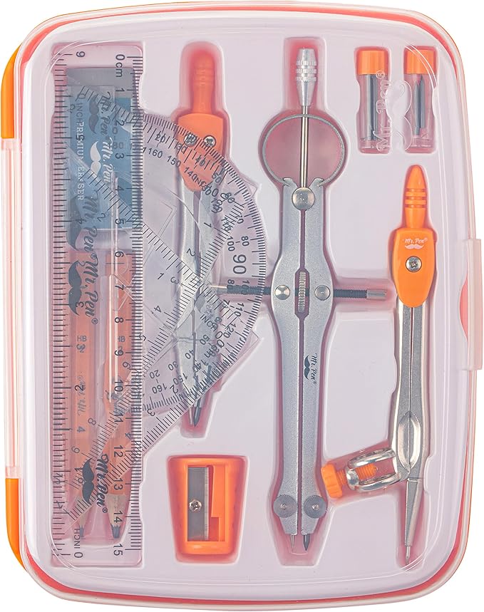 Mr. Pen- Geometry Set, 13 pcs, 3 Metal Compasses, Protractor, 6" Ruler, 45° & 30°/60° Set Squares, Pencils, Lead Refills, Sharpener & Eraser for Math, Drafting & Classroom Use