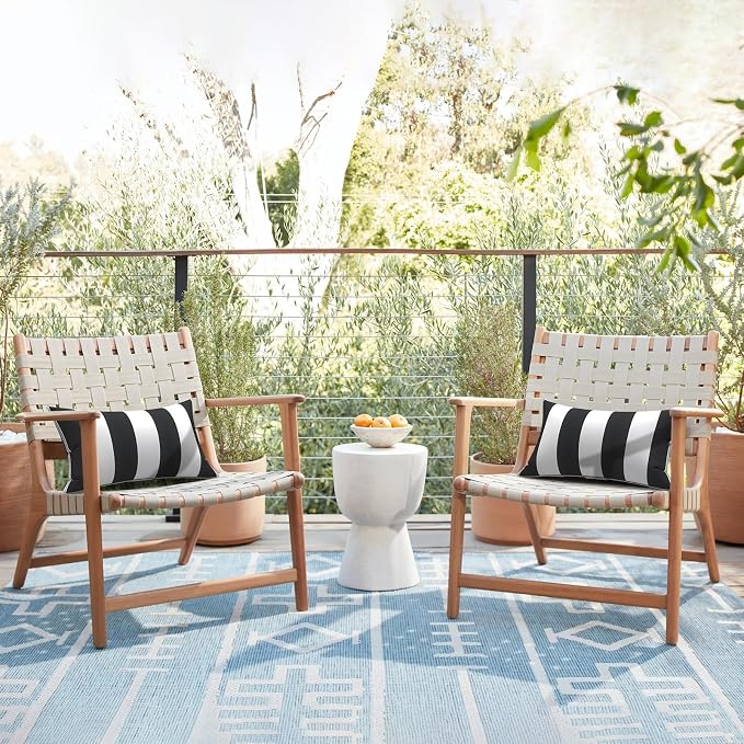 LVTXIII Set of 2 Outdoor Lumbar Pillows for Patio Furniture with White Piping, 12"x20" Fade Resistant Patio Lumbar Pillows with Inserts for Home Coach Sofa Use, Cabana Black