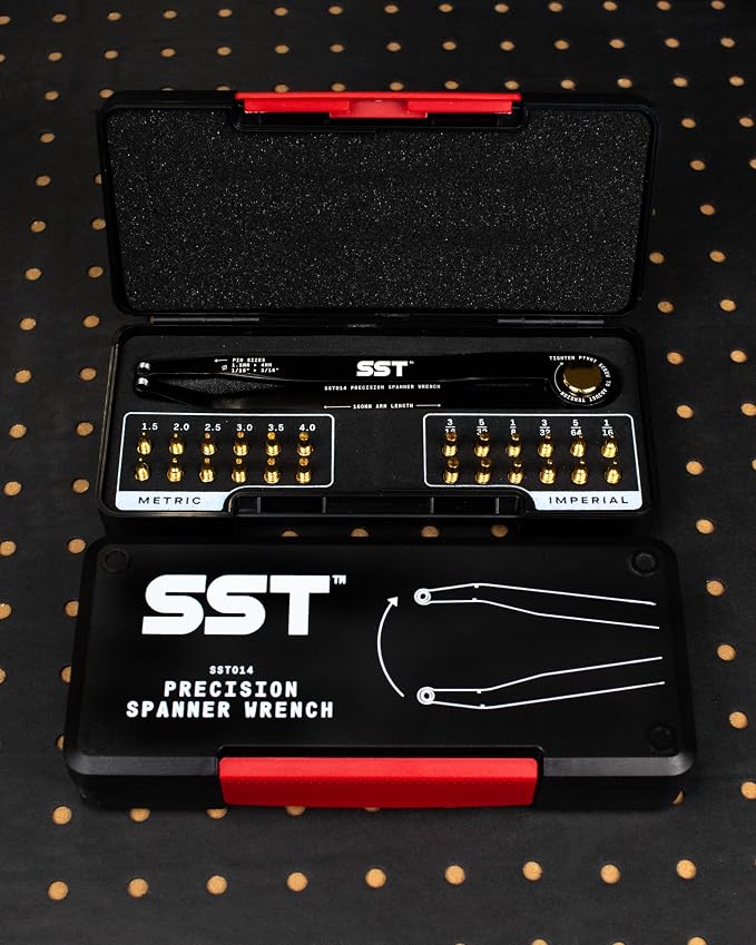 SST® - Precision Spanner Wrench – For Obscure Hardware & Fasteners – Includes 12 Metric & Imperial Steel Pin Sizes – Adjustable Tension – 160mm Arm – 180° Movement – With Storage Case
