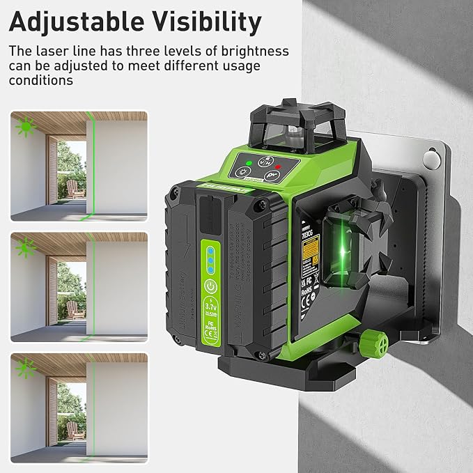 Huepar 3 x 360 Laser Level Self-leveling 3D Green Beam Cross Line 12 Lines Tiling Floor Laser Tool -360 Horizontal/Vertical Laser Lines -rechargeable & Integrated Magnetic Bracket 703CG