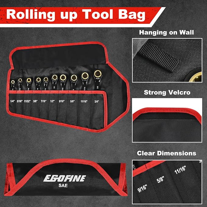 Egofine Ratcheting Wrench Set 10 Piece, SAE Wrench Set, CR-V Steel 1/4” to 3/4” Wrench, 72-Teeth Combination wrench set, Black Electrophoretic Coating Ratchet Wrenches Set with Tool Roll Bag