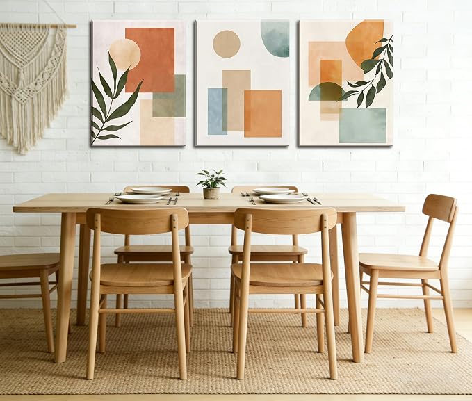 Frimeeme 3 Piece Boho Sun Canvas Wall Art, Geometric Botanical Framed Wall Decor, 12x16 Inches, Wall Art for Bedroom Living Room