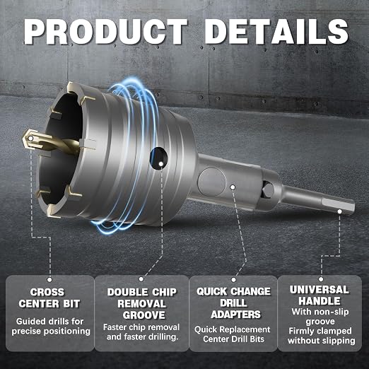 22PCS Concrete Hole Saw Kit, 30/40/50/65/80/100/110mm, Alloy Steel, Silver, Industrial, Hole Saw Set, Compatible with Stone, Brick, Cement, Wall Drilling