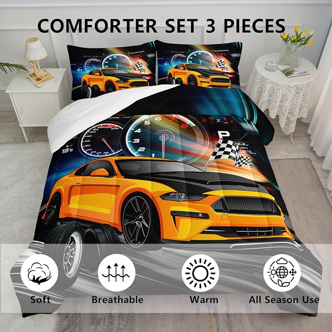 Axolotl Race Car Bedding Set King Size,Boys Extreme Sports Comforter for Kids Teens,Yellow Car Racing Bedding,Cool Speed Duvet,Sports Theme Quilt Set with 1 Comforter and 2 Pillowcases