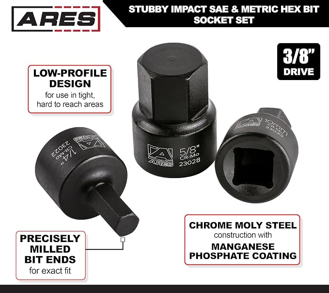 ARES 23021 16-Piece Stubby Impact SAE and Metric Hex Bit Socket Set | Chrome Moly Steel Construction and Manganese Phosphate Coating; Includes Storage Case