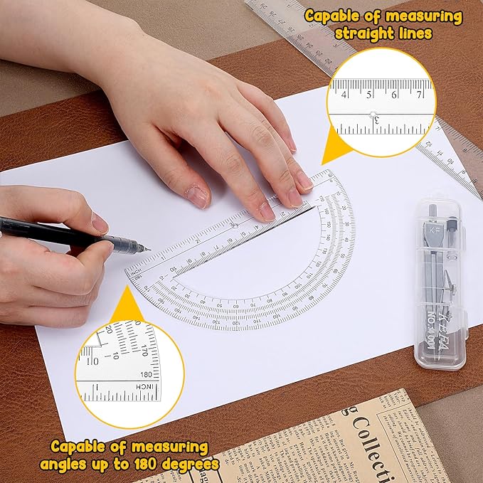 Compass and Protractor Set, 3 PCS Plastic Ruler 12 Inch Clear Ruler for Drawing Transparent Drawing Measuring Rulers Compass Geometry Tool for Math Drafting Art Home Office Drawings