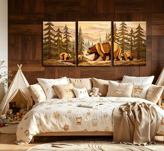 Frimeeme 3-Piece Framed Rustic Forest Bear Canvas Wall Art,Woodland Cabin Decor, for Cabin, Farmhouse, Living Room, Bathroom,16x24 Inch