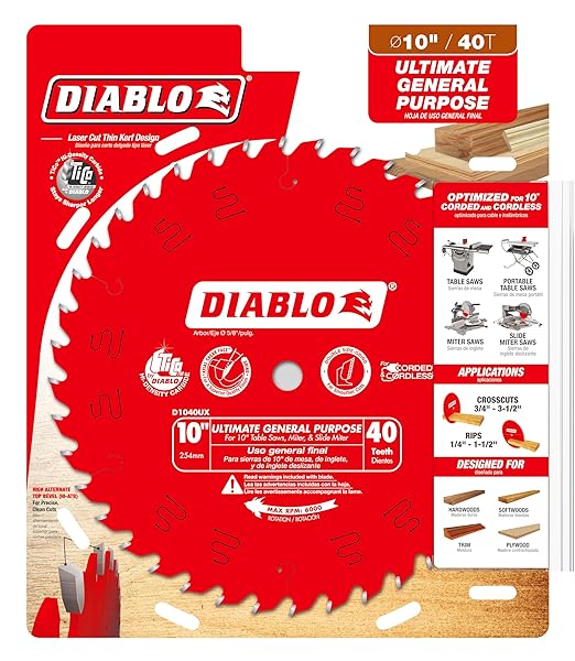 Diablo Wood Demon Ultimate General Purpose Saw Blade - 10" Diameter, 40 Hi-ATB Teeth, 5/8" Arbor, 0.095" Kerf, 18° Hook Angle, 0.071" Plate, 7000 Max RPM - D1040UX