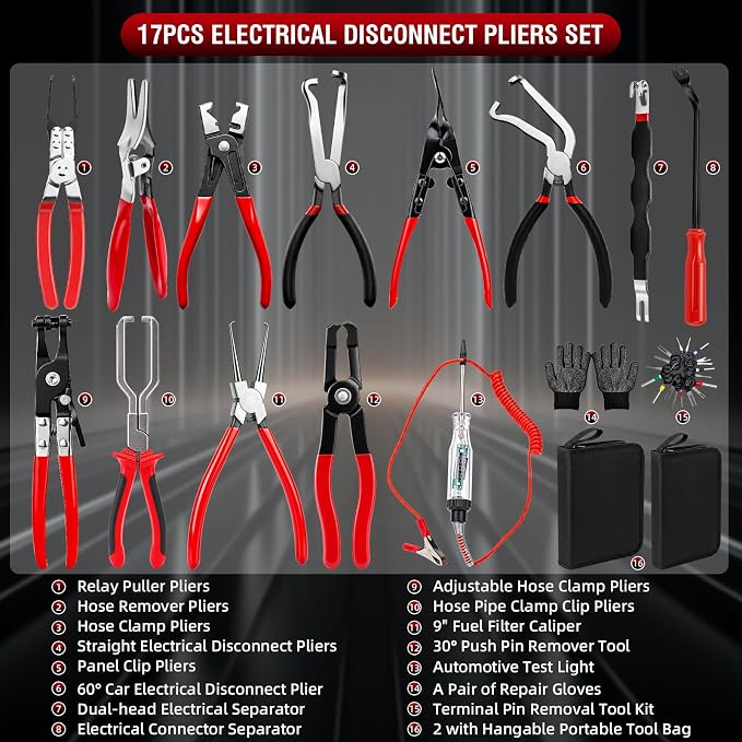 17PC Electrical Disconnect Pliers & Terminal Removal Kit for Cars