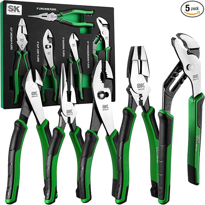 SK 5-Piece Pliers Set, Anti-slip Handle, with EVA Foam Tool Organizer | 8" Long Nose Pliers, 9.5" Linesman Pliers, 8" Slip Joint, 8" Diagonal Cutters, and 10" Water Pump Pliers