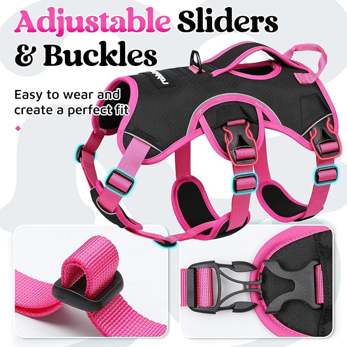 rabbitgoo Escape Proof Dog Harness for Medium, No Pull with Lift Handle | No Escape, Full Soft Padded, Reflective Adjustable Vest, Leash Clip for Walking Hiking Training, Rose & Black, Medium