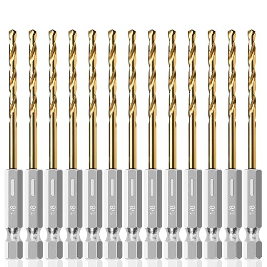13PC 1/8" Titanium Coated Twist Hex Shank Drill Bit Set, 135 Degree Tip HSS Drill Bit Sets, Impact Driver Drill Bits for Wood, Steel, Metal, Plastic with Quick Change Design