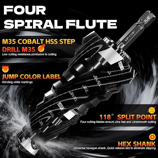 KJE 3PCS SAE 1/8" to 1-1/8" M35 Cobalt Step Drill Bit Set, 1/4" Hex Shank Metal Cutting Unibit Step Drill Bits(TiAlN Coated), Spiral Cone Drill for Stainless Steel, Sheet Metal, Wood & Plastic
