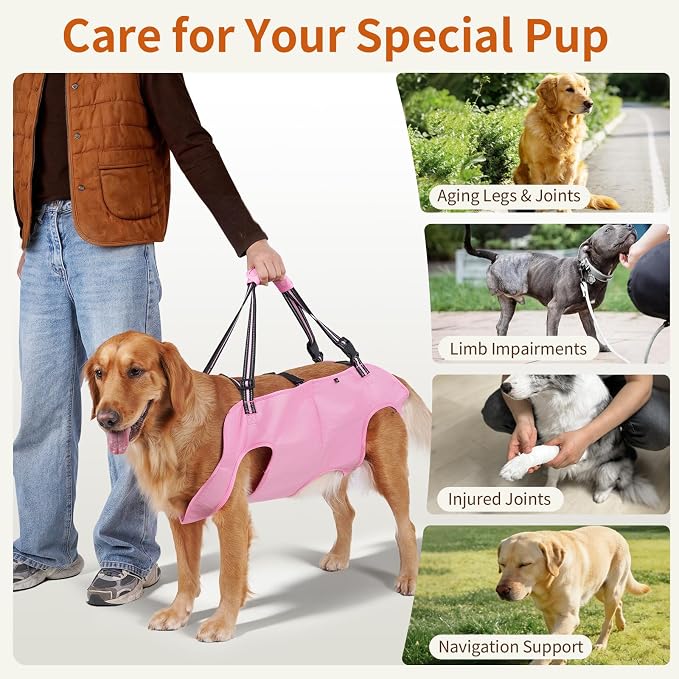 Full Body Dog Lift Harness, Support Senior & Disabled Dogs Walking | Help Up & Down Stairs Grooming, Dog Sling Backpack, Front Hind Leg Joint Injuries, Reflective, Soft Padded Handle | Pink, XL