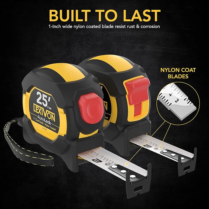 LEXIVON [4-Pack] 25Ft/7.5m Tape Measure, DuaLock & AutoLock | 1-Inch Wide Blade with Nylon Coating, Matte Finish White & Yellow Dual Sided Rule Print | Ft/Inch/Fractions/Metric (LX-204X2)