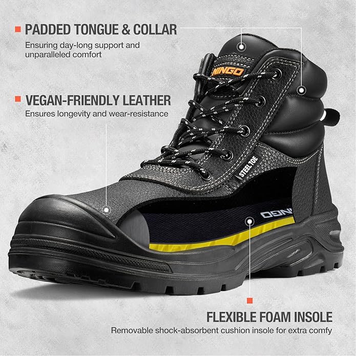 NINGO Steel Toe Work Boots for Men, Non Slip & Puncture Resistant Construction Boots with Breathable Lining, EH Protection, Comfortable Mens Safety Leather Work Shoes for Industrial, Walking Warehouse
