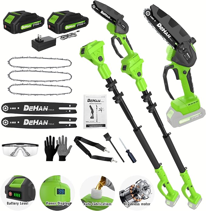 2 IN 1 Electric Pole Saw Brushless 21V Battery Chainsaw Cordless with Rotatable Pole 15FT Max Reach, Shoulder Strap, Battery Powered Chain Saw for Tree Trimming and Wood Cutting Tool -- Green