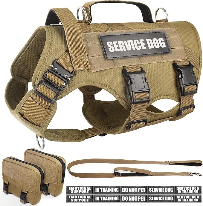 Tactical Dog Harness with Dog Leash, Service Working MOLLE Vest with 10 Pet Patches for Large Dog, No Pull Military Harness and Backpack for Training Hunting Walking