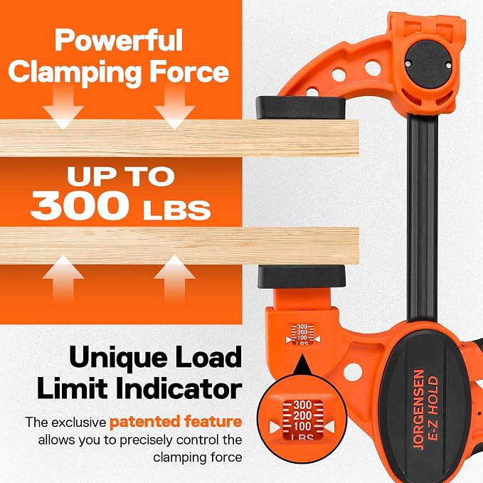 Jorgensen E-Z Hold 300LBS 12 Inch Bar Clamps for Woodworking, 2-Pack One-Handed Medium Duty F Clamps Set, Clamp/Spreader Convertible with Load Limit Indicator, Small Bar Clamps