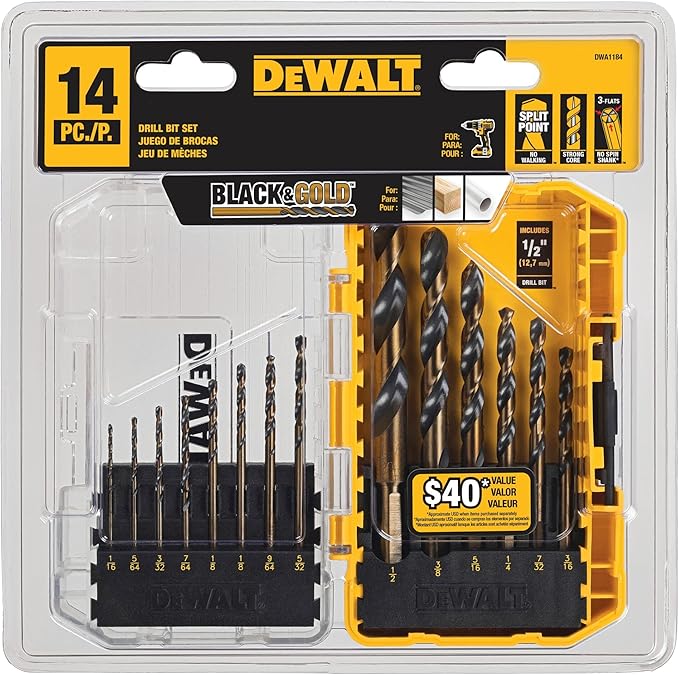 DEWALT Drill Bit Set, 14-Piece | 135 Degree Split Point | For Plastic, Wood and Metal | Pack of 5