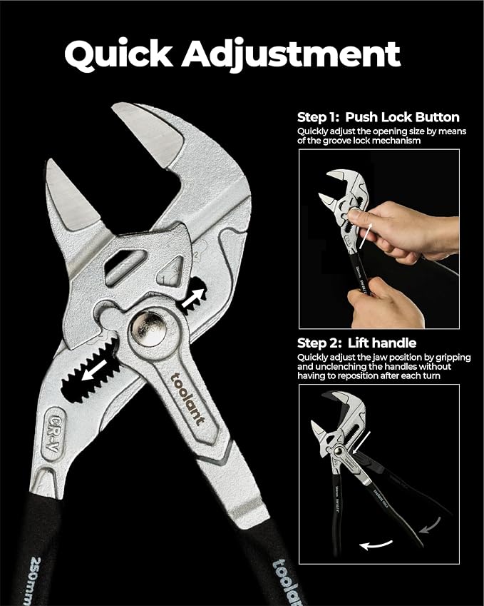 toolant 7-Inch Chrome Plated Pliers Wrench, CR-V Adjustable Wrench with Anti-Rust Coating, Smooth Parallel Jaws, Rubber Anti-Slip Grip and Storage Pouch for Home Repair, Plumbing, Nuts, Water Pipes