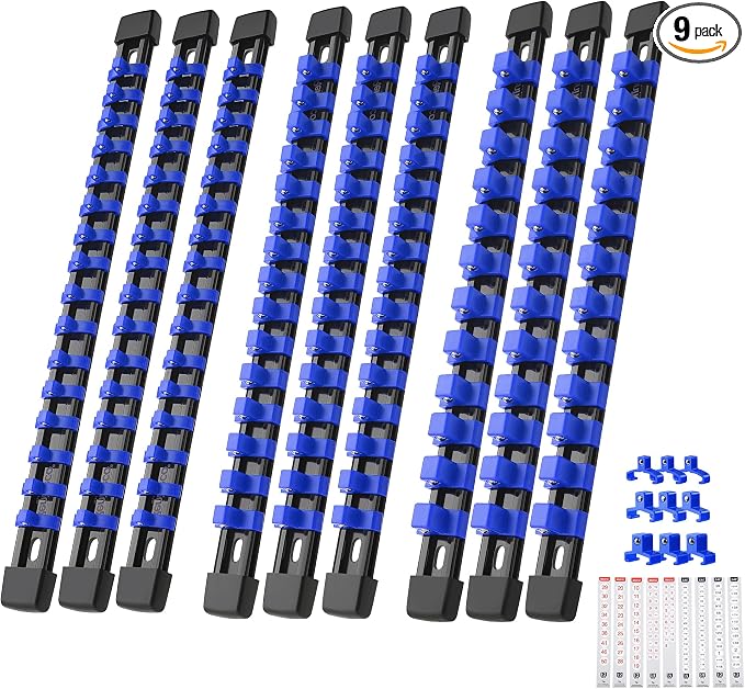 Reniteco 9-Pack Socket Organizer Set, 1/4" x 48 3/8" x 45 1/2" x 36 Clips | 129 Clip Capacity, Havy-Duty ABS Socket Rails, Removable Clips, Drive Socket Storage, Toolbox Drawer or Wall Mount
