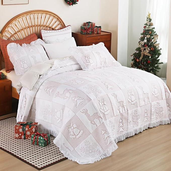 Cmfshape Christmas Embroidery Quilt Set,3 Pieces Queen Size Xmas Tree Reindeer Pattern Bedding Set,Reversible Christmas Bedspread Coverlet,Holiday Bedding(White,92"x96")