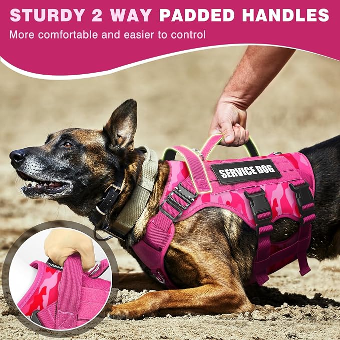 Tactical Dog Harness with Dog Leash, Service Working MOLLE Vest with 10 Pet Patches for Dog, No Pull Military Harness and Backpack for Training Hunting Walking