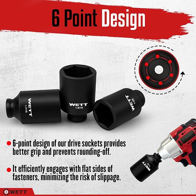 WETT 1/2" Drive Deep Large Impact Socket Set, 8-Piece Spindle Axle Nut Large Sockets Set, Standard SAE 6 Point Wheel Wrench Sockets, CR-V Steel, (1-1/4-Inch-1-3/4-Inch)