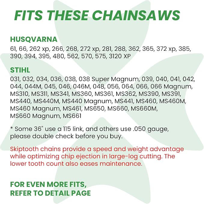 BYANE 36-Inch Carbide Chainsaw Chain, 3/8" Pitch, .063" Gauge, 114 DL | Skip Tooth for Stihl MS660, MS661, MS461 and3120XP, 395XP