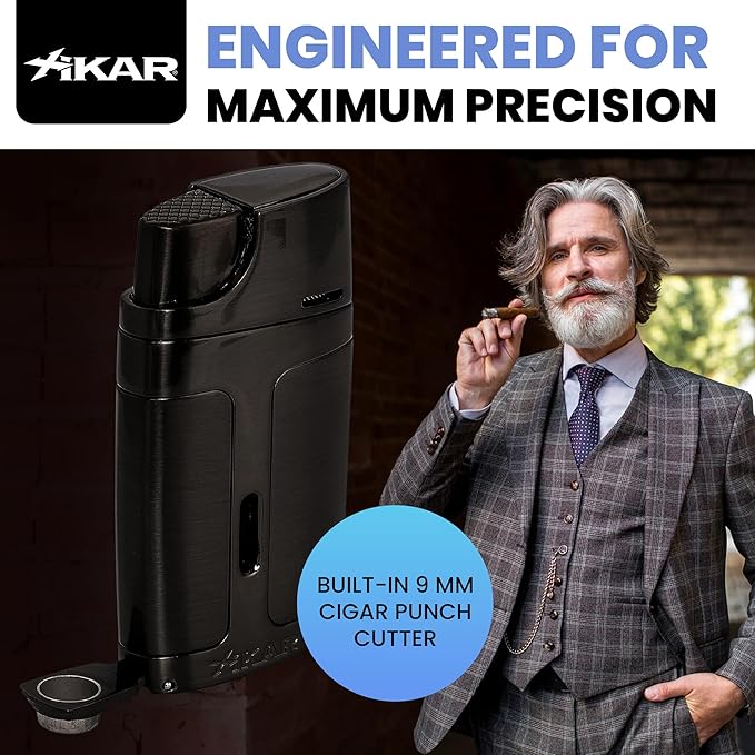 XIKAR ELX Double Jet Flame Butane Torch Lighter with 9mm Cigar Punch – Refillable Butane Lighter with Fuel Window – Wind-Resistant Adjustable Flame – Premium Cigar Accessory – Black