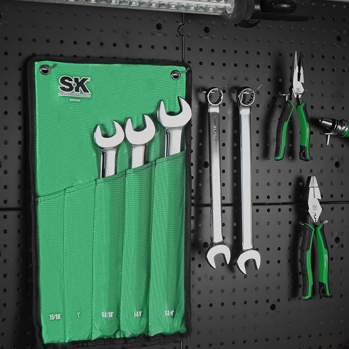 SK Long Pattern Combination Wrench Set, SAE 15/16" to 1-1/4", 5-Piece | SuperKrome Finish, Drop Forged Premium CR-V Steel, 12-Point Large Wrenches, 15-Degree Offset, with Rolling Pouch