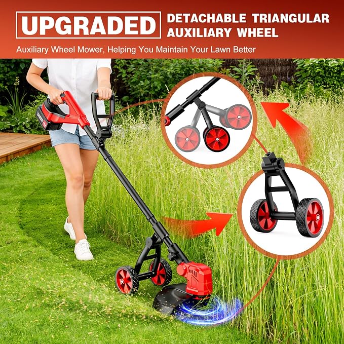 6000mAh Cordless Electric Weed Wacker, 12" Brushless Cordless String Trimmer, 4 in 1 Weed Eater/Brush Cutter/Weed Trimmer with 2*Batteries Powered & Auxiliary Wheels, Grass Trimmer (Red A)