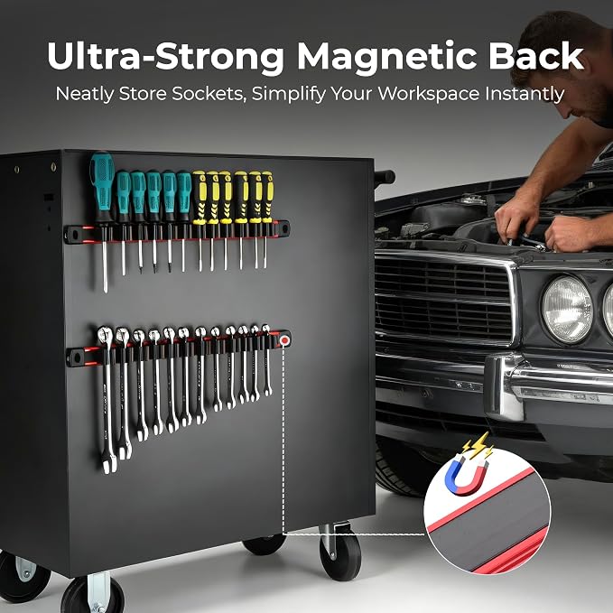 Reniteco Magnetic Screwdriver & Wrench Organizer, 12-Slot Tool Holder | Heavy-Duty Aluminum Alloy Rail Tool Holder, Flexible High-Tension Tool Clips, Magnetic Base, Tool Box Drawer or Wall Mount