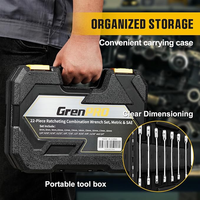 GRENPRO 23PCS Ratcheting Wrench Set Metric & SAE Combination Open End | 1/4"-3/4" & 6-18MM Bolt Gauge, CR-V Steel 72-Tooth 5-Degree Swing 12Pt, Roll Pouch For Auto &Home Repair, Corrosion Resistant