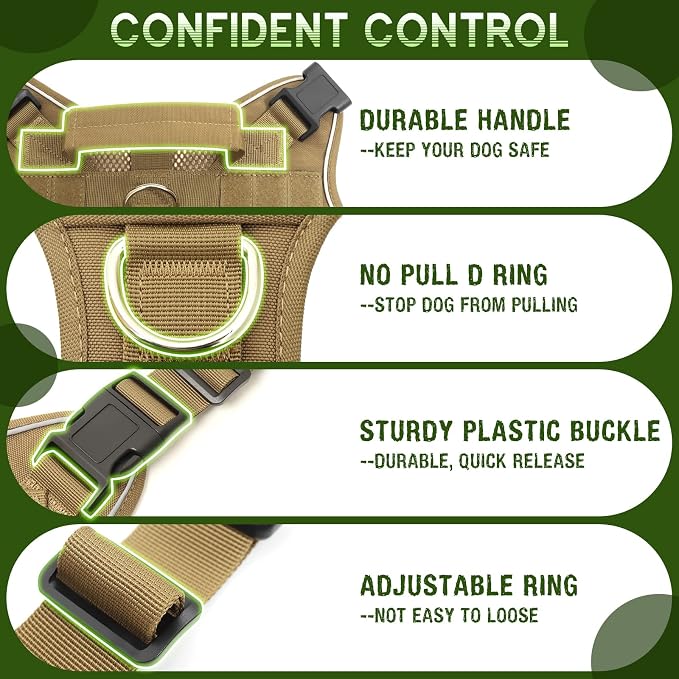 Tactical Molle Vest Mesh Dog Harness with 10 Removale Pet Patches | Breathable Service Dog harness with Double Soft Padded Handle for Medium Dog, Reflective Military Pet Vest for Walk Hiking