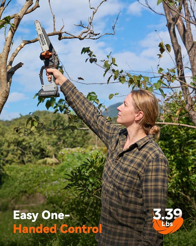 TaskStar 8-Inch Mini Chainsaw Cordless, Brushless Motor, 2×2000mAh Batteries, Lightweight One-Handed Electric Chainsaw for Cutting Thick Branches, Tree Trimming, Wood Cutting, Beginner Friendly