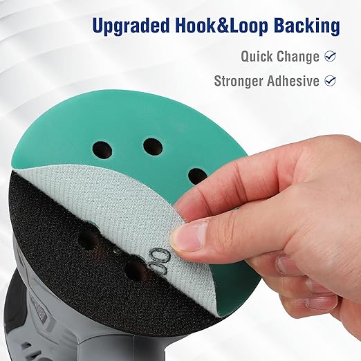 WORKPRO 150-piece Premium Sanding Discs Set, 5" 8-Hole Polyester Film Hook and Loop Sandpaper, 10 Grades Include 60, 80, 100, 120, 150,180, 240, 320, 400, 600 Grits for Random Orbital Sander, Green