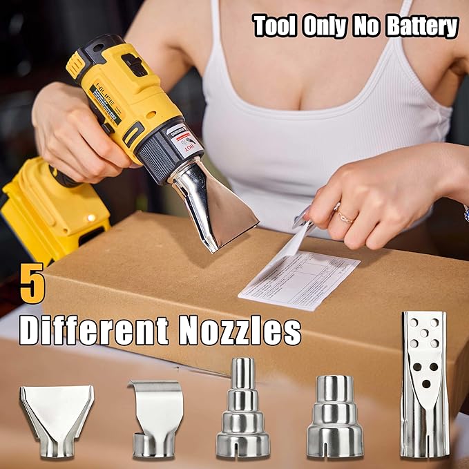 Cordless Heat Gun for DeWALT 20v Battery,Lithium Hot Air Gun, 5 Nozzle Attachments,2-Temp Setting Max 1022°F(550°C),Heat Gun for Shrink Wrapping, Tube Bending (Tool Only, NO Battery)