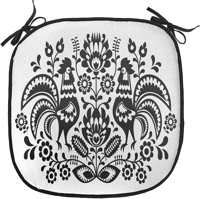Lunarable Gallus Chair Cushion Pads Set of 2, Polish Floral Design with Roosters Traditional Folk Pattern Easter Celebration, Anti-Slip Seat Padding for Kitchen & Patio, 16"x16", White and Black