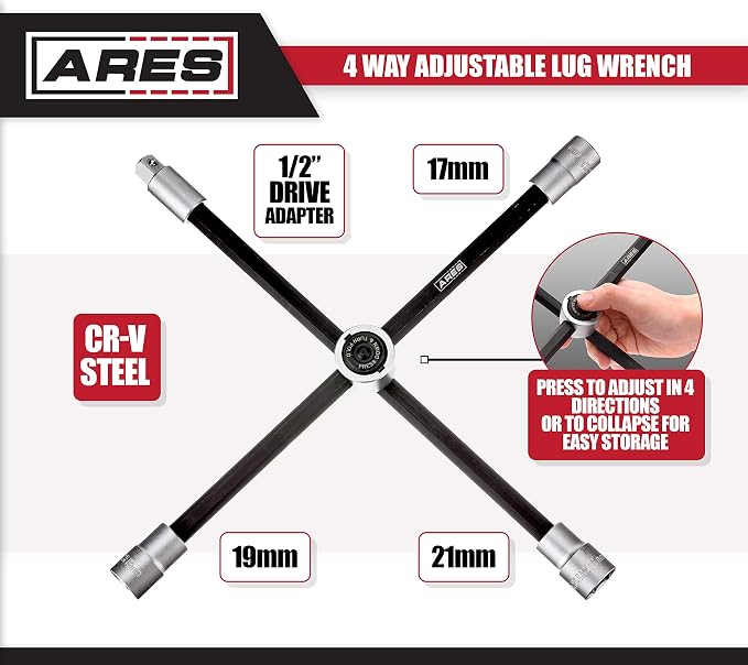 ARES 70092 - 4-Way Sliding Lug Wrench - Adjustable Sliding Lug Wrench Gives Superior Leverage - Collapses for Convenient Storage